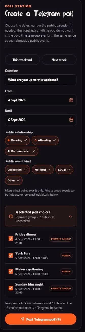 Lucien's Den poll builder combining private plans and public events